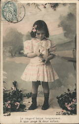 Little Girl with Pink & White Dress, France - Vintage Postcard Postcard