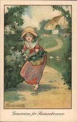 Girl Picking Jessamine Flowers, English Countryside, Vintage Illustration Postcard