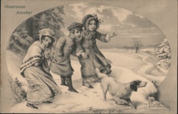 Children & Dog in Winter Scene Postcard