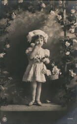 Little Girl with Basket of Roses, France - Vintage Postcard Postcard