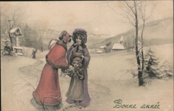 Snowy Winter Scene with Women and Child, Bonne Année Greeting Postcard