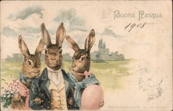 Three Easter Bunnies in Formal Wear - 1908 Holiday Greeting Postcard