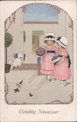 Two Girls with Flowers & Puppy, Dutch New Year Postcard Postcard