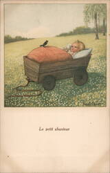 Baby in Wagon with Bird, Pastoral Scene, Color Illustration Postcard