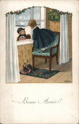 Children at Window, Bonne Année Greeting, Vintage Postcard Postcard