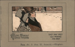 Couple in Winter, Clapton, London, Vintage Illustration Postcard