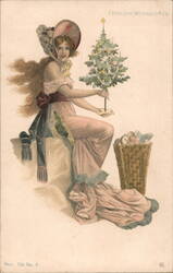 Victorian Woman with Christmas Tree, Antique Holiday Postcard Postcard