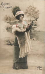 Happy New Year Lady with Gifts & Fur Stole - Belgium - Colorized Postcard