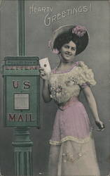 Woman Mailing Letter at US Mailbox - Vintage Postcard Postcard