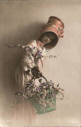 Girl with Flower Basket, Pink Dress & Hat - Vintage Postcard Postcard