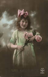 French Girl with Flowers, Pink Bow, Vive Sainte Anne, Colorized Postcard