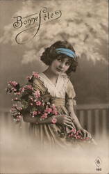 Girl with Flowers, Bonne Fete French Postcard, c. 1910s Postcard