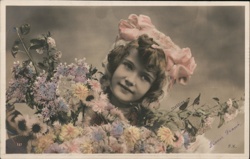 Smiling Girl with Pink Bonnet & Colorful Flowers - Stebbins Postcard Postcard