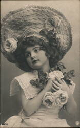 Little Girl with Roses, Large Hat, Vintage Photo Postcard Postcard