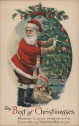 Santa Decorates Christmas Tree with Sailor Ornament - Vintage Holiday Scene Postcard