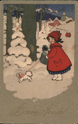 Little Girl with Dog in Snowy Village - Winter Holiday Scene Postcard