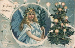 Christmas Angel with Holly Crown and Lit Christmas Tree Postcard
