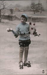Boy on Roller Skates with Gift & Holly, Bonne Année, France Postcard