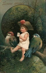 New Year's Girl with Birds & Letter, French Postcard Postcard