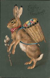 Easter Bunny with Basket of Eggs - Vintage Illustration Postcard
