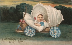Baby in Pram with Forget-Me-Not Wheels, Valentine Greeting Postcard