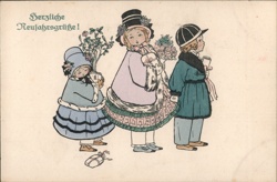 Three Children with New Year's Gifts - Vintage Illustration Postcard