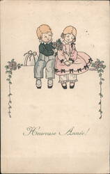 Children with Flowers, Happy New Year, Belgium, Vintage Illustration Postcard