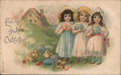 Three Girls with Easter Eggs and Chicks - Vintage Easter Postcard Postcard