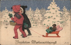 Children with Teddy Bear on Sled, Snowy Christmas Scene Postcard