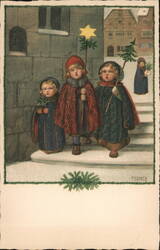 Three Children with Star & Tree, Vintage German Christmas Postcard Postcard