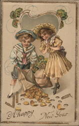 Happy New Year! Children with Bag of Gold Coins - Vintage Holiday Postcard Postcard