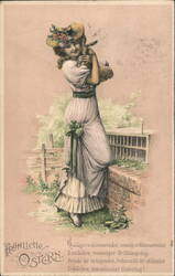 Young Woman with Bunny, Easter Greetings Postcard