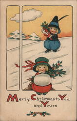 Cute Children with Gifts & Holly, Snowy Christmas Scene Postcard
