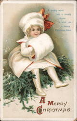 Christmas Girl in White Fur Vintage Holiday Postcard Postcard