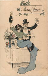 Bonne Année: Couple Celebrating New Year's with Champagne Postcard