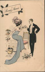 Happy New Year Couple Toasting, c. 1920s, French Postcard Postcard
