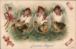 Antique Easter Postcard: Children Hatching with Chicks Postcard