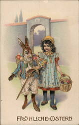 Antique Easter Postcard: Girl & Bunny with Baskets, Froliche Ostern Greeting Postcard