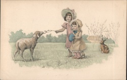 Two Girls, Lamb, and Rabbit Easter Postcard Postcard