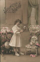 Little Girl with Easter Eggs, Antique French Postcard Postcard