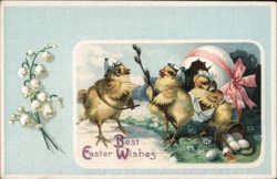 Cute Easter Chicks with Bonnets, Eggs, and Lily of the Valley Postcard