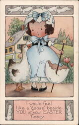 Cute Girl with Goose, Chick & Broken Eggshell - Easter Postcard Postcard