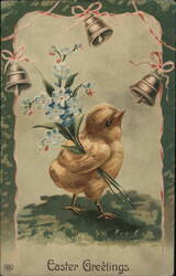 Easter Chick with Forget-Me-Nots & Bells - Vintage Easter Greeting Postcard
