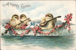 Baby Chicks in a Boat with Easter Egg With Chicks Postcard