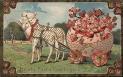 Easter Lambs Pulling Flower-Filled Egg Cart, Vintage Postcard Postcard