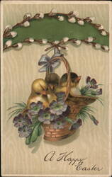 Happy Easter Chicks in Basket with Violets Postcard Postcard