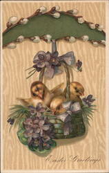 Easter Chicks in Basket, Violets, Pussy Willows - Vintage Easter Greeting Postcard
