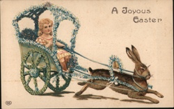 Antique Easter Postcard: Girl in Floral Cart, Bunny, Joyous Easter Postcard