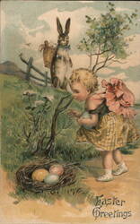 Little Girl & Easter Bunny Find Easter Eggs - Vintage Easter Postcard Postcard