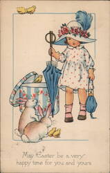 Little Girl with Easter Umbrella, Chicks & Bunnies - Vintage Easter Postcard Postcard